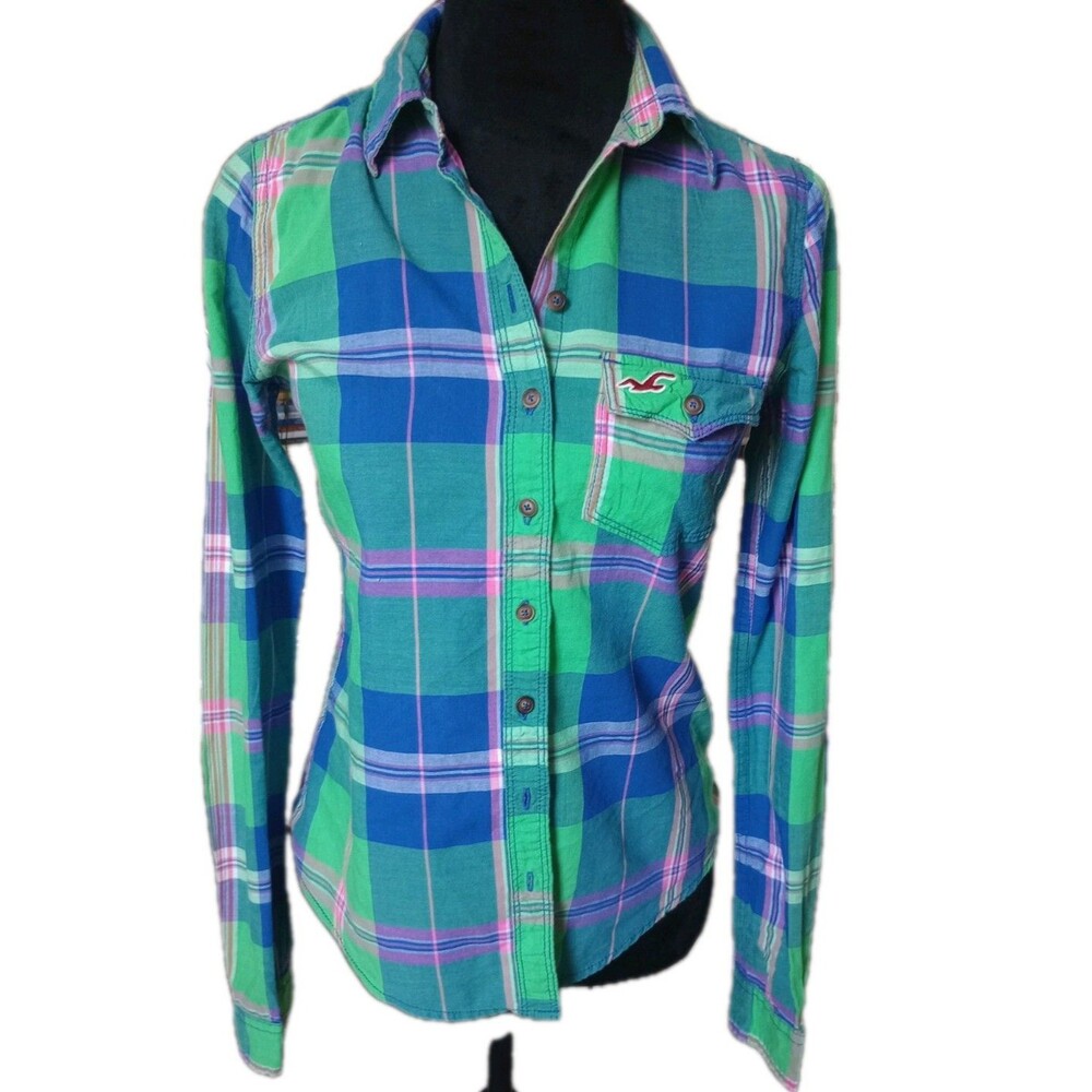 Hollister Women's XS Green/Blue Plaid Button Up Long Sleeve Shirt